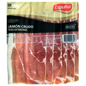 Jamón crudo feteado Espuña extra fino x 100 g.