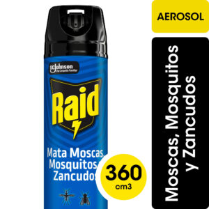 Insecticida Raid Mata Moscas y Mosquitos Nueva Fórmula x2 más rápido en Aerosol 370 ml